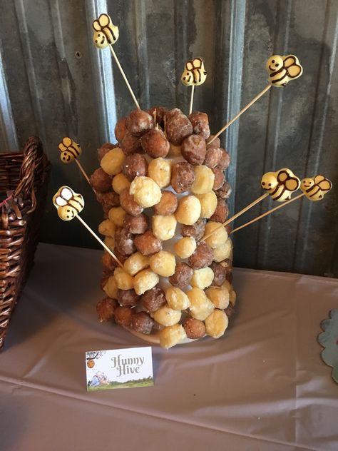 Bee Hive Donut Holes, Donut Hole Beehive, Chocolate Cookie Icing, Winnie The Pooh First Birthday, Pooh First Birthday, Bee Birthday Cake, Bumble Bee Birthday, Sweet As Can Bee, Bee Birthday Party