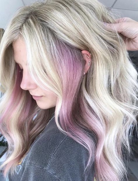 Pop Of Vivid Color Hair, Coloured Hair Underneath Blonde, Blonde With Fun Colors Underneath, Pastel Hair Underneath, Blond Hair With Fun Colors, Blonde With Coloured Streaks, Blonde Hair Color Streaks, Peekaboo Color On Natural Hair, Blonde With Pink Peekaboo Highlights