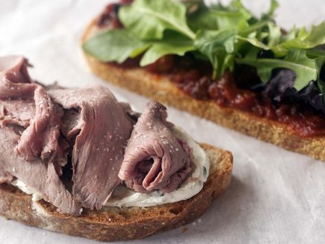 Roast Lamb Sandwich with Tomato Chutney and Rosemary Goat Cheese from 'Flour, Too' Beef Bruschetta, Lamb Sandwich, Roast Beef And Horseradish, Boneless Leg Of Lamb, Flour Bakery, Roast Lamb, Horseradish Cream, Tomato Chutney, Lamb Roast