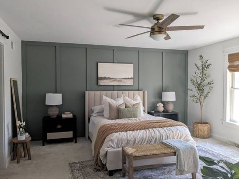 A Master Bedroom transformation! | Project | Brittany Kay Interior Decorating Master Bedrooms With Board And Batten, Master Feature Wall With Windows, Sage Green Accent Bedroom Wall, Accent Wall With One Window, Sage Green In Bedroom, Green Board And Batten Bedroom, Earthy Natural Bedroom, Green Wall Master Bed, Bedroom Sage Green Accent Wall