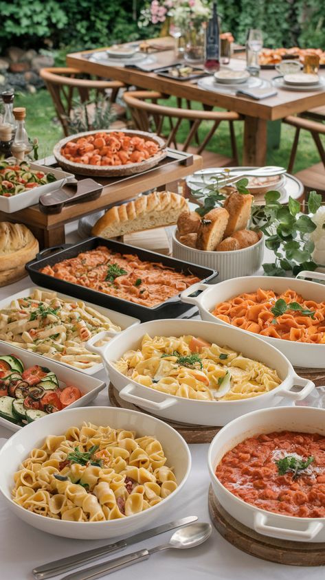 Pasta Wedding Buffet, Pasta Bar Ideas Buffet Wedding, Pasta Buffet Ideas, Pasta Bar Ideas Buffet, Pasta Bar Ideas, Buffet Style Wedding Reception, Pasta Bar Party, Italian Wedding Foods, Pasta Station