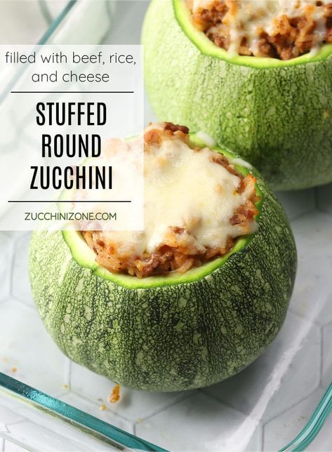 Stuffed round zucchini recipe by Zucchini Zone. Stuffed round zucchini, or 8-ball zucchini, is a hearty dinner recipe made with beef, tomato sauce, rice, and Italian seasoning. A fun twist on standard stuffed zucchini boats! #roundzucchini #8ballzucchini #stuffedzucchini #stuffedroundzucchini #zucchinirecipe #recipe Eightball Zucchini Recipes, Round Zucchini Recipes, Round Zucchini, Beef Tomato Sauce, Zucchini Dinner Recipes, Zucchini Rice, Summer Fruit Recipes, Zucchini Recipes Baked, Tomatoes And Cheese