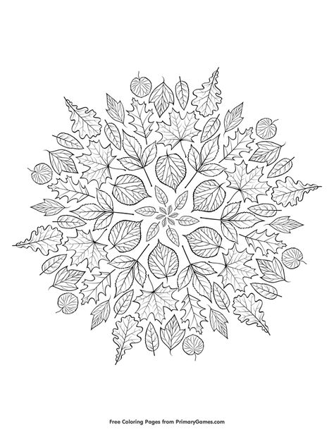 Free printable Fall coloring pages for use in your classroom or home from PrimaryGames. Mabon Coloring Pages, Leaves Coloring Pages, Fall Mandala, Autumn Mandala, Leaves Mandala, Leaves Coloring, Fall Leaves Coloring Pages, Squirrel Coloring Page, Printable Leaves