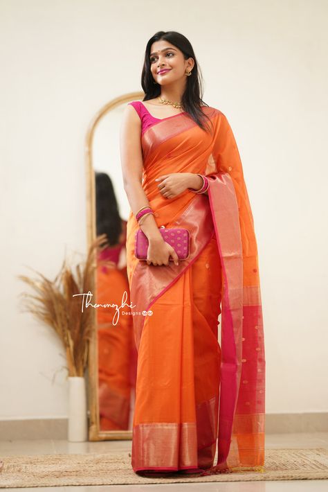 Trendy Handloom Sarees For Modern Women Chiffon Blouses Designs, Saree For Wedding Function, Handloom Cotton Saree, Simple Saree Designs, Cotton Sarees Online, Orange Saree, Fashionable Saree Blouse Designs, Pink Border, Simple Sarees