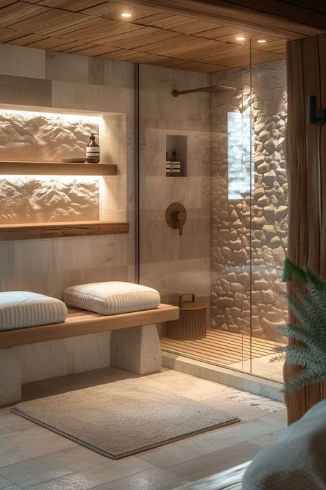 Light Master Bath Ideas, Bathroom Remodel Stone, Bathroom With Natural Elements, Earthy Bathroom Ideas Natural Modern, Nature Inspired Interior Design Modern, Natural Spa Bathroom Ideas, Earthy Tone Bathroom Ideas, Natural Material Bathroom, Natural Materials Bathroom