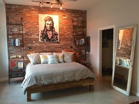 Brick Accent Wall Bedroom, Exposed Brick Bedroom, Bedroom Brick Wall, Brick Wall Bedroom, Brick Wall Kitchen, Brick Bedroom, Hanging Tv, Brick Accent Wall, Interior Brick