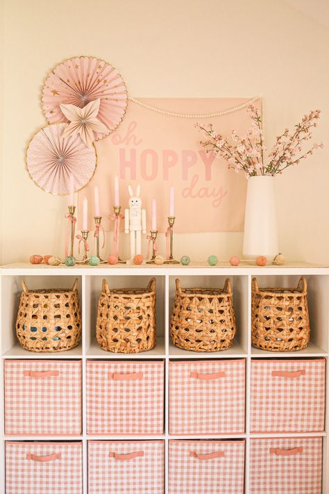 Pink Playroom Aesthetic, Pink Gingham Girls Room, Easter Room Decor, Pink Easter Decor, Pastel Playroom, Pink Playroom, Baby Room Storage, Girls Playroom, Easter Banner