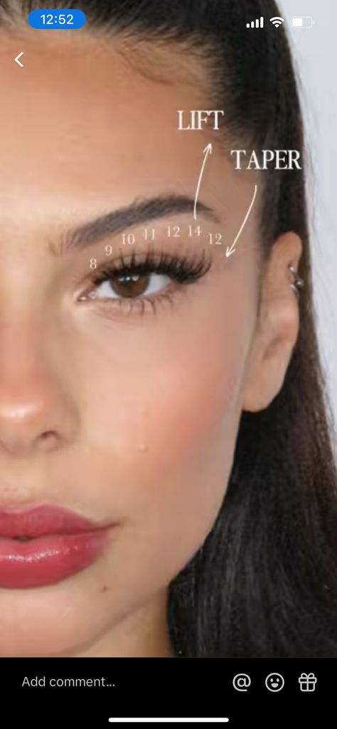 Lash Inspo For Hooded Eyes, Model Lash Extensions, Lash Extensions For Hooded Almond Eyes, Lash Mapping Eyelash Extensions Hooded Eyes, Hooded Eye Extensions, Natural Volume Lash Extensions Mapping, Lash Size Guide, Lash Map For Upturned Eyes, Downturned Eyes Lash Map