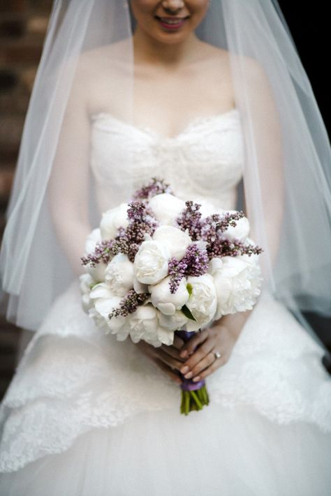 Lilac Bouquet, Winter Wedding Bouquet, Peony Wedding, Sophisticated Bride, White Wedding Flowers, A Wedding Dress, Lavender Wedding, White Peonies, Bride Bouquets