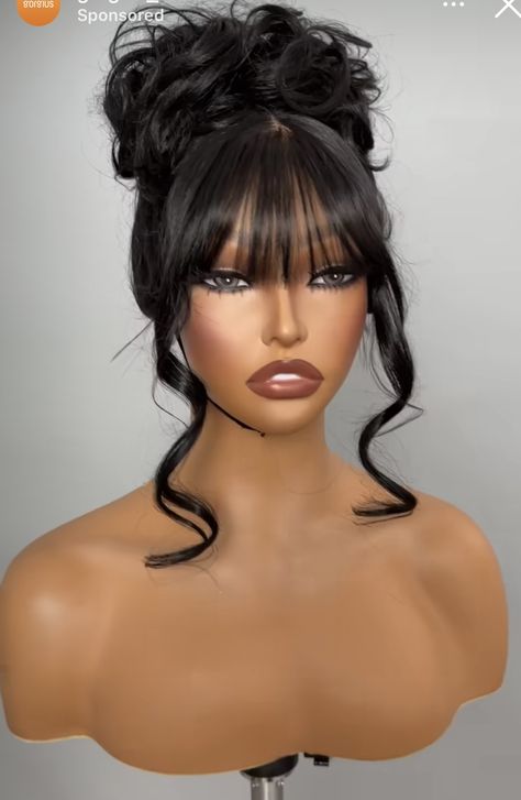 Bangs With Updo Messy Buns, Frizzy Hair Hairstyles Black Women, Elegant Bun Black Women, Hair Style Ideas For Photo Shoot, Updo Bangs Wedding, Wig Updos For Black Women, Pearls In Hair Black Woman, Elegant Wig Hairstyles, 50s Hairstyles Black Women