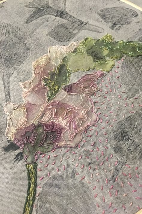 Embroidery & gelliprint hoop art Embroidery Textiles, Flower Textiles, Textiles Alevel, A Level Textiles Natural Forms, Stages Of Decay Embroidery, Growth And Decay Textiles Gcse, French Floral Fabric, Textiles Inspired By Insects, Botanical Sketchbook