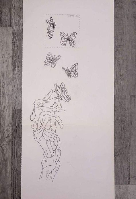 Skeleton Hand With Butterfly Drawing, Butterfly On Skeleton Hand, Skeleton Painting Aesthetic, Skeleton And Butterfly Drawing, Skeleton Hand Tattoos With Butterfly, Skeleton Art Tattoo, Skeleton Hand With Butterfly Tattoo, Skeleton And Hand Tattoo, Skeleton Hand Butterfly Tattoo