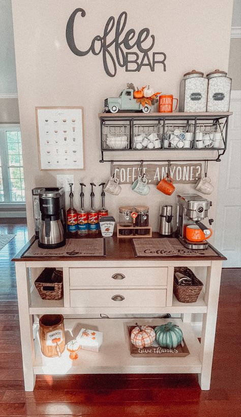 Fall coffee bar, fall decor, coffee bar, farmhouse coffee bar, teal and orange fall Renovating Apartment, Coffee Bar In Kitchen, Bar In Kitchen, Bars Ideas, Coffee Bar Ideas Kitchen Counter, Bar Farmhouse, Coffee/wine Bar, Coffee Mornings, Coffee Inspiration