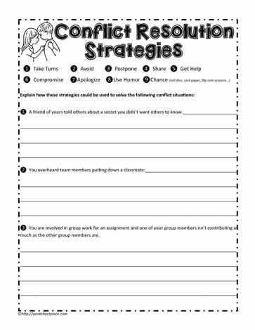 Conflict Resolution Worksheet Conflict Resolution Activities, Worksheets For Middle School, Conflict Resolution Worksheet, Anger Management Activities, Conflict Resolution Skills, Social Skills Lessons, Social Skills Groups, Counseling Lessons, Elementary Counseling