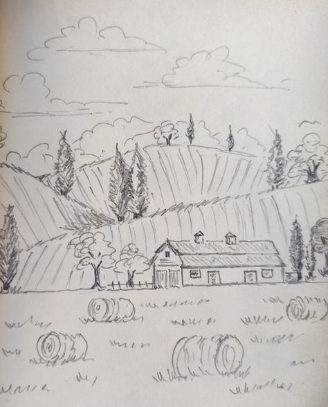 Things To Paint In Sketchbook, Drawing Scenery Ideas, Corn Maze Drawing, Sketches Of People Easy, Country Side Drawing, Farm Landscape Drawing, Nature Drawing Colourful, How To Draw Scenery, Farm Drawing Easy