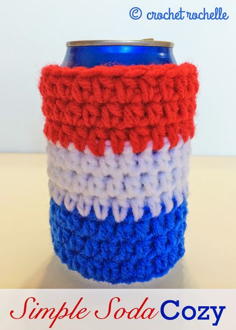 Simple Soda Can Cozy - my new #freepattern perfect for Father's Day or a 4th of July party! #rockthecozy Crochet Beer Cozy, Crochet Beer, Scrubbies Crochet, Cup Cozy Crochet Pattern, Jar Covers, Beer Cozy, Can Cozy, Crochet Mug Cozy, Crochet Coffee Cozy