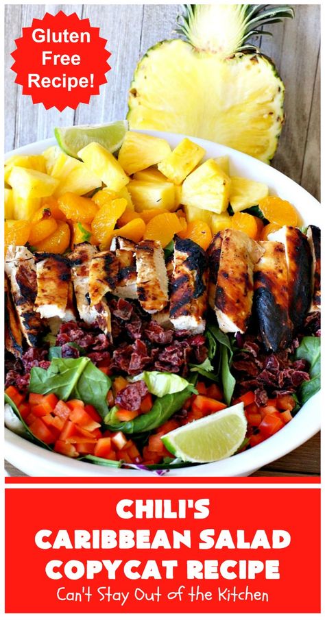 Chili’s Caribbean Salad Copycat Recipe with Honey-Lime Dressing – Can't Stay Out of the Kitchen Caribbean Salad Recipes, Honey Garlic Chili Dressing, Carribean Salad, Chilis Carribean Chicken Salad, Chili Lime Vinaigrette Recipe, Honey Lime Fruit Salad Dressing, Caribbean Salad, Fruit Salad Honey Lime Dressing, Pineapple Vinegar