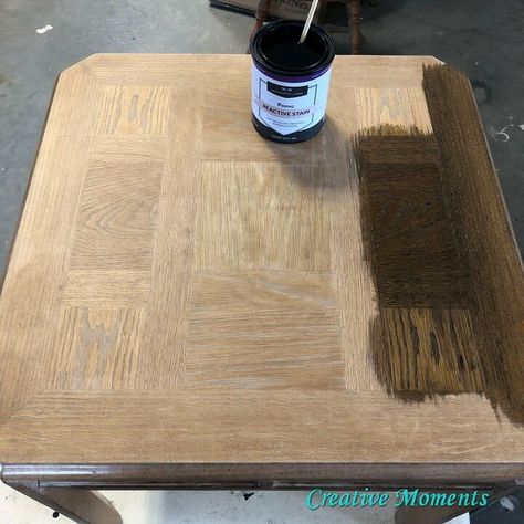 Check out out how reactive stain works to give this old worn end table a whole new look below.Pop over to my blog for more free home decor and furniture tutorials and if looking for one of a kind pieces, stop by my Facebook Shop. Before As always the first step is to scrub the project piece well and let dry. Scrape off the old finish Using my new carbide scraper from Richard tools I tried my hand at hand scraping the old finish off. The old finish scraped off nicely an… Carbide Scraper, Diy Surprise Box, Cheap Diy Wall Art, Free Home Decor, Reclaimed Wood Accent Wall, End Table Makeover, Elegant Pumpkins, Diy Step By Step, Cerused Oak