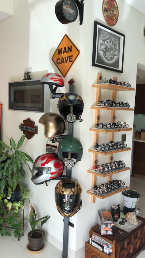 Helmet Stand Helmet Stand Ideas, Helmet Organization Ideas, Biker Room Ideas, Motorcycle Decorating Ideas, Helmet Decoration Ideas, Motorcycle Storage Ideas, Helmet Storage Ideas, Helmet Display Ideas, Motorcycle Helmet Display