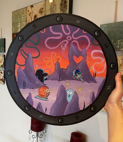 Spongebob Halloween Painting, Halloween Cartoon Painting, Porthole Painting, Spongebob Porthole, Spongebob Crochet, Spongebob Art, Room Paintings, Diy Paintings, Spongebob Painting