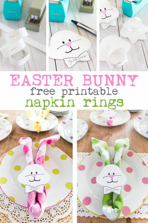 Spring hasn't sprung yet, but the Easter Bunny just showed up on my kitchen table. Get the Free printable and instructions on how to make the Easter Bunny Napkin Ring and Place Card over on my blog. https://buff.ly/2BUGeQa #Easter #NapkinRings #springdecor #EasterBunny #Easterprintable #Freeprintable #Easter #EasterBunny #Easterdinner #Eastertable #Easterplacecards Bunny Napkin Fold, Floppy Ear Bunny, Easter Place Cards, Easter Napkins Rings, Paper Napkin Rings, Easter Napkins, Bunny Napkins, Easter Printables Free, Easter Table Settings