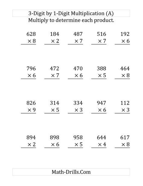 The Multiplying a 3-Digit Number by a 1-Digit Number (Large Print) (A) Long… Multiplying 3 Digit By 1 Digit Numbers, 3 Digit By 1 Digit Multiplication, 4th Grade Multiplication Worksheets, 4th Grade Multiplication, Printable Multiplication Worksheets, Math Multiplication Worksheets, Math Fact Worksheets, Fun Math Worksheets, Math Practice Worksheets