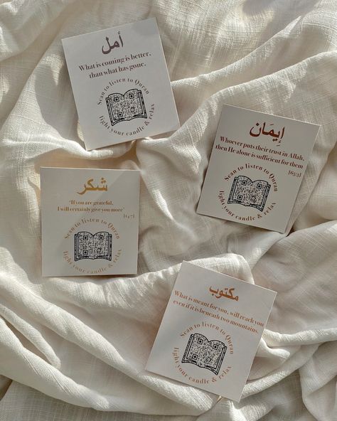 Islamic Qur’an QR code affirmation cards Islamic Affirmation Cards, Ramadan Candles, Islamic Candles, Muslim Gift Ideas, Business Aesthetics, Social Media Images Design, Business Stationary, Images Design, Candle Wrap