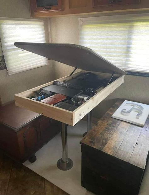 Camper Organization Rv Living, Rv Table, Rv Interior Remodel, Camper Trailer Remodel, Camper Organization, Camper Hacks, Trailer Decor, Travel Trailer Camping, Diy Camper Remodel