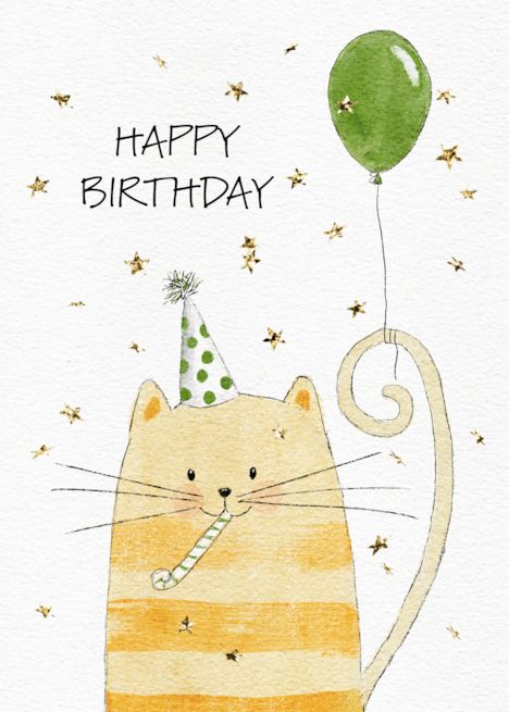 Birthday Wishes Watercolor, Cute Birthday Card Illustration, Cat Birthday Card Watercolor, Cat Drawing Birthday Card, Birthday Card Ideas With Cats, Cat With Birthday Hat Drawing, Watercolor Cards Ideas Simple Birthday, Painted Birthday Card Ideas, What To Draw On A Birthday Card