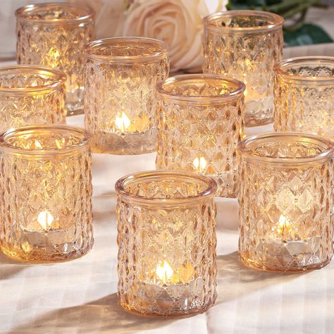 PRICES MAY VARY. 🌷GOLD VOTIVE CANDLE HOLDERS--Wedding decor: NITIME gold votive candle holders can perfectly decorate the wedding table. Putting candle holders with rhombus pattern on the wedding table will make your wedding look more gorgeous. The light refracted by the champagne golden candle holders can bring warm and romantic atmosphere to the wedding. 🌷TEALIGHT CANDLE HOLDERS--Size: The gold votive candle holders is about 2.1"D *2.6"H. The capacity of the candle holders is 3 oz, suitable Blue Votive Candle Holders, Gold Votive Candle Holders, Gold Votive Candles, Wedding Party Table Decorations, Glass Tealight Candle Holders, Tea Light Candle Holders, Glass Votive Candle Holders, Gold Candle Holders, Candle Holders Wedding