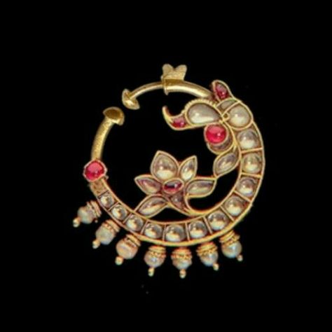 Types of Nath/Nose ring designs available in India for bridal wear. – CHIC Trends Nath Designs Gold, Nath Designs, Nose Ring Designs, Nose Jewels, Jadau Jewellery, Nose Ring Jewelry, Nose Pins, Indian Nose Ring, Nose Pin