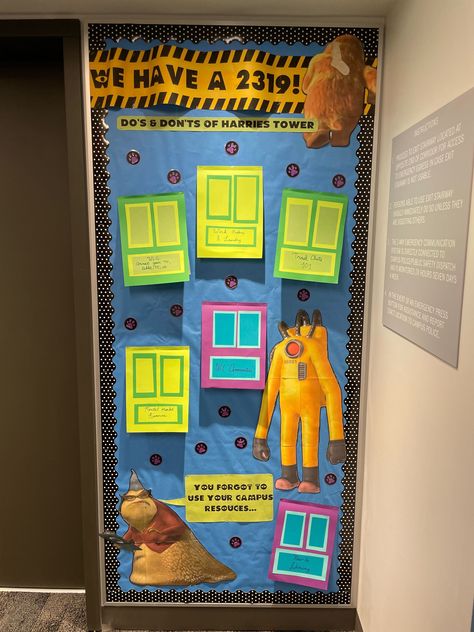 Monsters Inc Crafts, Monsters Inc Doors, Dorm Bulletin Boards, Monsters Inc Halloween, Class Door Decorations, Monster Theme Classroom, Halloween Classroom Door, Dorm Themes, Dorm Door Decorations