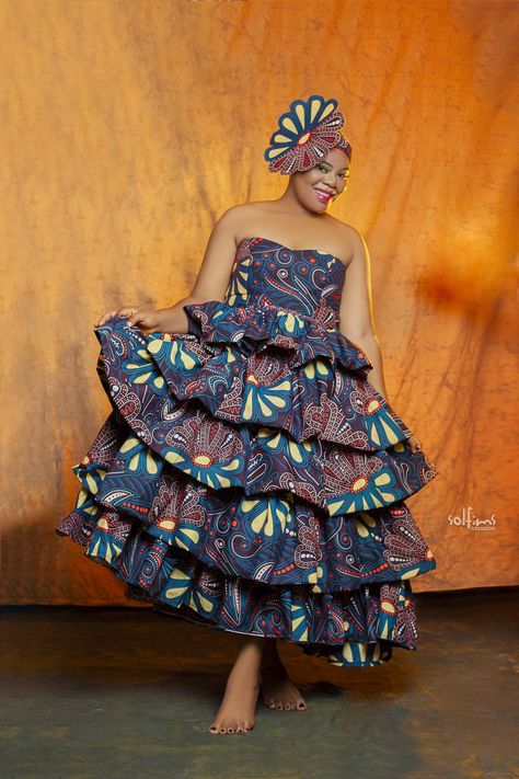 Ball dress, ankara ruffle dress Ankara Ruffle Dress, Xhosa Attire, African Elegance, African Traditional Wear, Adventurous Life, Shweshwe Dresses, Traditional African Clothing, Dress Ankara, Ankara Dress Styles