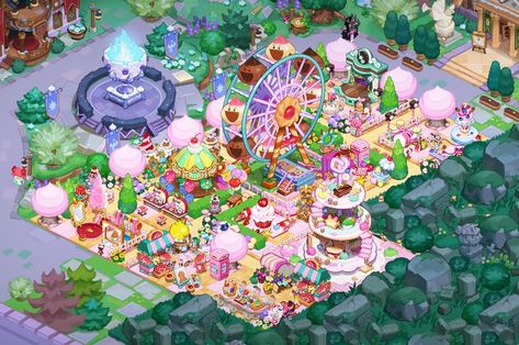 Cookie Run Amusement Park, Cookie Run Kingdom Amusement Park, Cookie Run Kingdom Spring Layout, Cookie Run Kingdom Garden, Guild Design Crk, Cookie Run Kingdom Guild Decor, Cookie Run Kingdom Layout Aesthetic, Cookierun Kingdom Town Design, Crk Designs