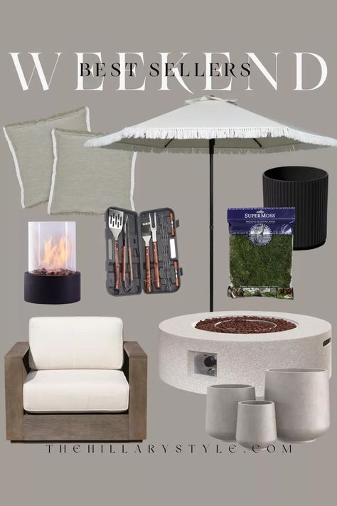 Weekend Best Sellers Home: outdoor furniture and decor from Walmart, Amazon, Wayfair, Target. Round fire pit, accent chair, umbrella, throw pillows, tabletop fire pit, grill essentials, spanish moss, planters. Moss Planters, Tabletop Fire Pit, Tabletop Firepit, Round Fire Pit, Fire Pit Grill, Spanish Moss, Meridian Furniture, Wooden Handles, Fire Pit