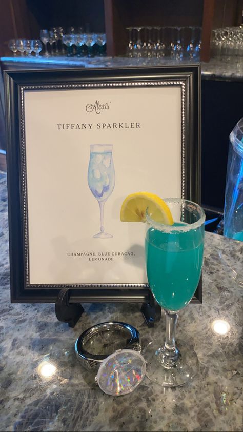 Tiffany And Co Bachelorette Party, Blue Mimosa Recipe, Breakfast At Tiffany's Bridal Shower Diy, Bridal Shower Breakfast At Tiffanys, Blue Mimosa, Bridal Shower Breakfast, Breakfast At Tiffanys Party Ideas, Tiffany Themed Bridal Shower, Bday Brunch