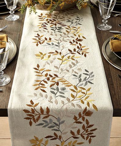 Gold Table Runner, Gold Table Runners, Thanksgiving Table Runner, Cushion Embroidery, Embroidered Table Runner, Fall Table Runners, Hand Embroidery Videos, Table Runner And Placemats, Table Runner Pattern