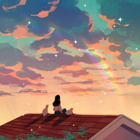 jauni / tofublock 🌻 on Instagram: "after rain 🌈⁣ ⁣ (another reminder that there are still a few days left to sign up for my workshop! link in bio~)⁣ ⁣ #art #drawing #illustration #painting #landscape #sky #clouds #rainbow #roof #view #ducks #aesthetic #colours" Rain Illustration, Rainbow Drawing, Cloud Illustration, Sky Art Painting, Rain Painting, Minimal Photo, Rain Art, Rainbow Painting, Colorful Clouds