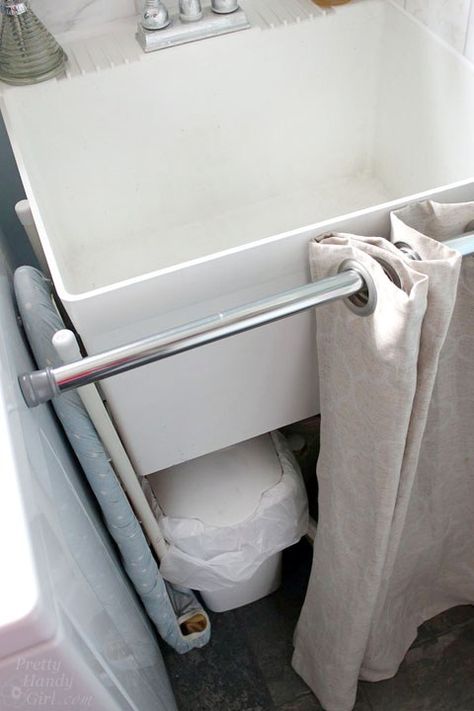 Laundry Room Sink Skirt | Pretty Handy Girl    Hidden Storage Under a Laundry Room Sink  Having a utility sink in the laundry room rocks! Having everything that we store underneath it on full display isn’t so rockin’. It was time to create some Hidden Storage Under our Laundry Room Sink. Laundry Room Redo, Sink Skirt, Laundry Room Storage Shelves, Hidden Laundry, Small Laundry Room Organization, Room Storage Diy, Basement Laundry Room, Laundry Room Sink, Basement Laundry