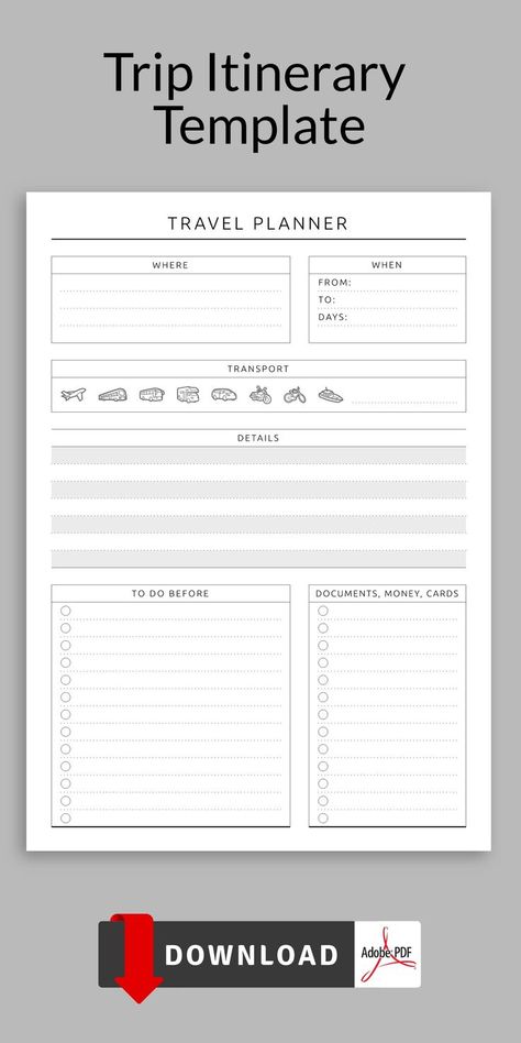 Trip Itinerary Template, Trip Planning Template, Vacation Itinerary Template, Vacation Planner Template, Travel Itinerary Planner, Travel Planner Template, Free Planner Templates, Daily Planner Printables Free, Travel Printables