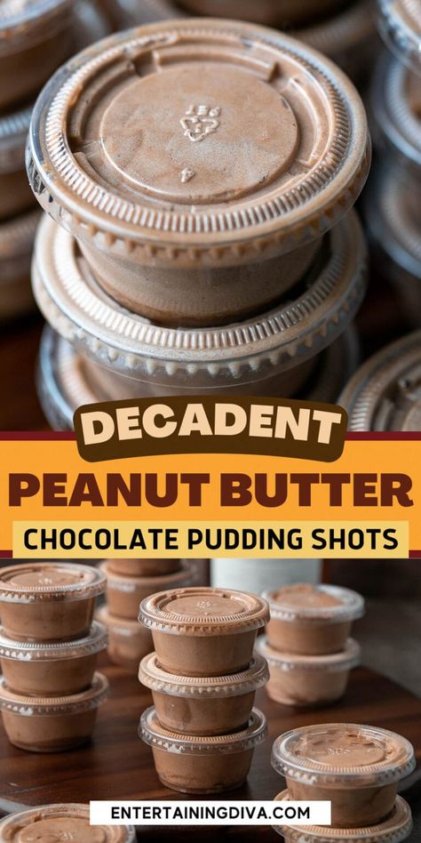 Make these creamy and fluffy Chocolate & Peanut Butter Pudding Shots with Skrewball peanut butter whiskey and instant chocolate pudding mix. Easy to make and will be loved by your party guests. Peanut Butter Pudding Shots, Chocolate Pudding Shots, Pudding Shot Recipes, Peanut Butter Pudding, Best Jello Shots, Peanut Butter Whiskey, Jello Pudding Shots, Halloween Jello Shots, Butter Pudding