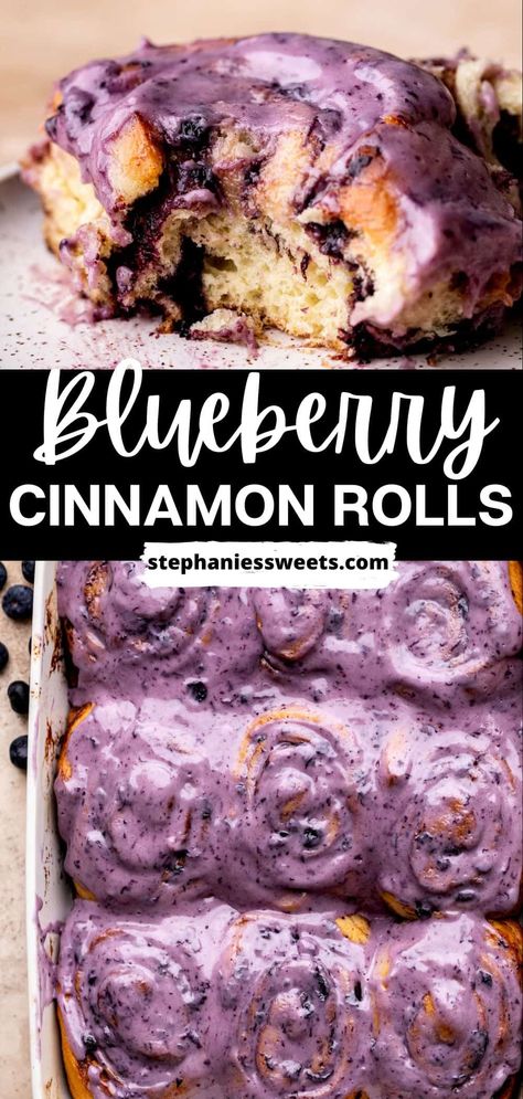 These blueberry cinnamon rolls are a super soft dough, filled with cinnamon filling and blueberry jam. The rolls are also topped with a blueberry cream cheese icing. They combine a classic cinnamon roll recipe with blueberries for a perfect breakfast Blueberry Cream Cheese Icing, Blueberry Cinnamon Rolls, Blueberry Desserts Recipes, Cinnamon Filling, Sweet Roll Recipe, Breakfast Recipes Sweet, Blueberry Desserts, Blueberry Cream Cheese, Blueberry Jam