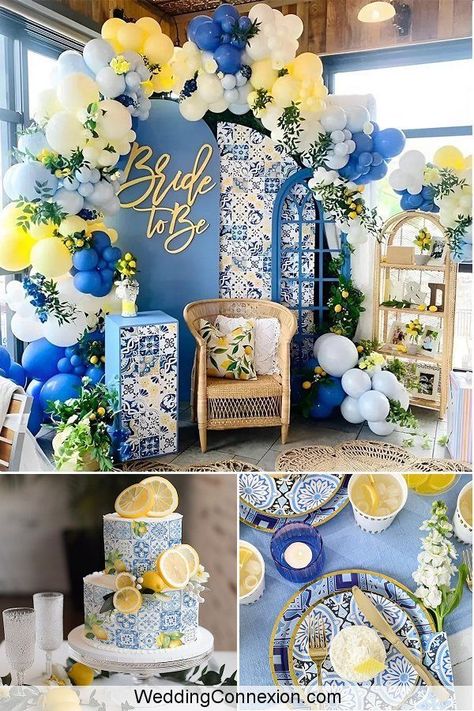 The combination of Amalfi blue tiles and bright yellow lemons makes for a charming and dreamy bridal shower theme. From the vivid blue hues to the refreshing scent of lemons, this Mediterranean theme is both visually stunning and symbolic of love and new beginnings. Get ready to be transported to the bountiful shores of Southern Italy, as we unveil the secrets to creating a memorable Amalfi blue tiles and lemons bridal shower at WeddingConnexion.com. That’s A More Bridal Shower Theme, Bridal Shower Greece Theme, Lemoncello Bridal Shower Ideas, Amalfi Coast Bridal Shower Ideas, Mediterranean Bridal Shower Ideas, Lemons Bridal Shower Theme, Greece Theme Bridal Shower Ideas, Greek Themed Bridal Shower Ideas, Capri Bridal Shower Theme