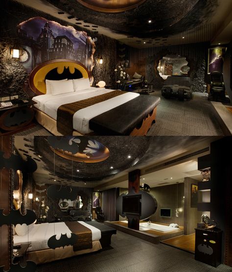 Cool nerdy bedrooms...I want the Batcave one minus all the hanging bats, lol Geeky Bedroom, Nerdy Bedroom, Batman Bedroom, Batman Room, Bed Tv, Fantasy Bedroom, Geek Decor, Awesome Bedrooms, Best Interior Design