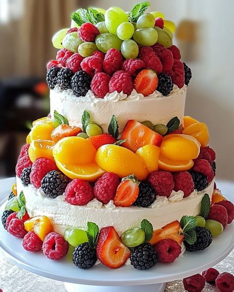 Fresh Fruit Three-Tiered Cake 🍉🍓🍇 ⬇️⬇️⬇️ Ingredients: 1 large watermelon 🍉 2 oranges, sliced 🍊 2 lemons, sliced 🍋 2 limes, sliced 🍈 3 kiwis, sliced 🥝 1 cup green grapes 🍇 1 cup red grapes 🍇 1 cup strawberries, halved 🍓 1 cup blackberries 🍇 1 cup blueberries 🫐 1 cup raspberries 🍇 1 cup cherries 🍒 1 cup melon balls (cantaloupe, honeydew) 🍈 Toothpicks or small wooden skewers Decorative platter or base Instructions: Prepare the Watermelon Base: Cut the watermelon into three large, flat circula... Cilantro Dishes, Fruit Topped Cake, Grape Cake, Melon Balls, Fruit Buffet, Fruit Cake Design, Fresh Fruit Cake, Green Desserts, Wooden Skewers