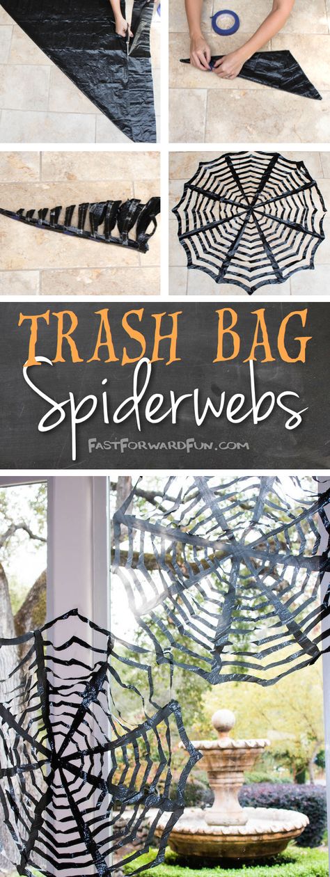 Easy DIY Trashbag Spiderweb Tutorial -- Fun video and lots of step-by-step photos! Perfect for Halloween. Diy Halloween Dekoration, Diy Halloween Party, Halloween Decorations To Make, Uhyggelig Halloween, Halloween Party Decor Diy, Halloween Decor Diy, Easy Diy Halloween Decorations, Hallowen Ideas, Halloween Fest