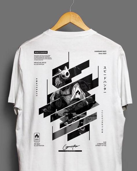 Applying the illustration to a t-shirt mockup, hopefully the results of the screen printing will be appropriate Muezzahero | Amaterazs | Kaminari Race #characterdesign #character #design #illustration #thsirtdesign #mockuptshirt #artworks #mockup #cyberpunkart #cyberpunk #streetstyle #assasin #japanculture #mockupdesign #thsirt #mecha #amaterazs #muezzahero #blackandwhite #catmask #dark #kaminarirace #art #sketch #draw #drawing #tshirtdesign Cyberpunk Shirt, Anime Tshirts, Mock Up T Shirt, Character Design Illustration, Space Illustration, Tee Shirt Fashion, Japanese Pop Culture, Anime Tshirt, Japan Culture