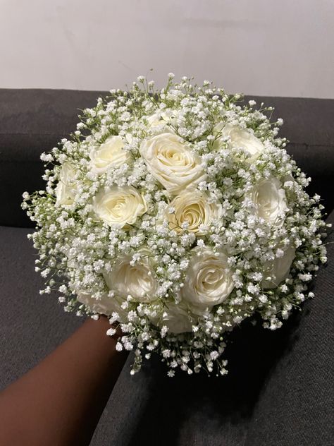 Bride Flower Bouquet White Rose, Princess And The Frog Wedding Bouquet, Bride Bouquets White Roses, White Roses Bride Bouquet, White Baby Breath Bouquet, Wedding Bouquet Baby Breath, Hydrangea And Baby Breath Bouquet, White Roses And Baby Breath Bouquet, Roses With Baby Breath Bouquet