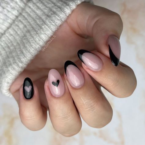 kdipnails Dip Nails French Tip, Dip Nails French, Nails With Dip Powder, Valentines Nails Black, Heart French Nails, Black French Tip, Black French Tips, S Nails, Black Nail Designs