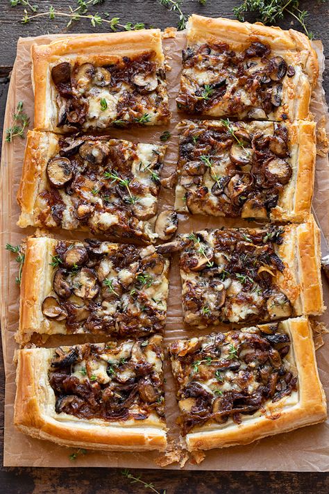 Caramelized Onion Mushroom Puff Pastry, French Onion Mushrooms, Mushroom Onion Tart Puff Pastries, Mushroom Onion Tart, Steak Mushroom Onion And Gruyere Pie, Mushroom Onion Puff Pastry, Pastry Sheet Recipes Appetizers, French Onion Tart Recipe, Mushroom Tart Puff Pastry